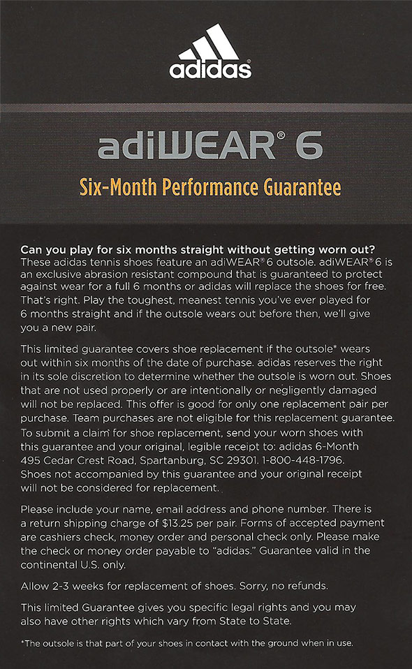 adidas 6 month warranty