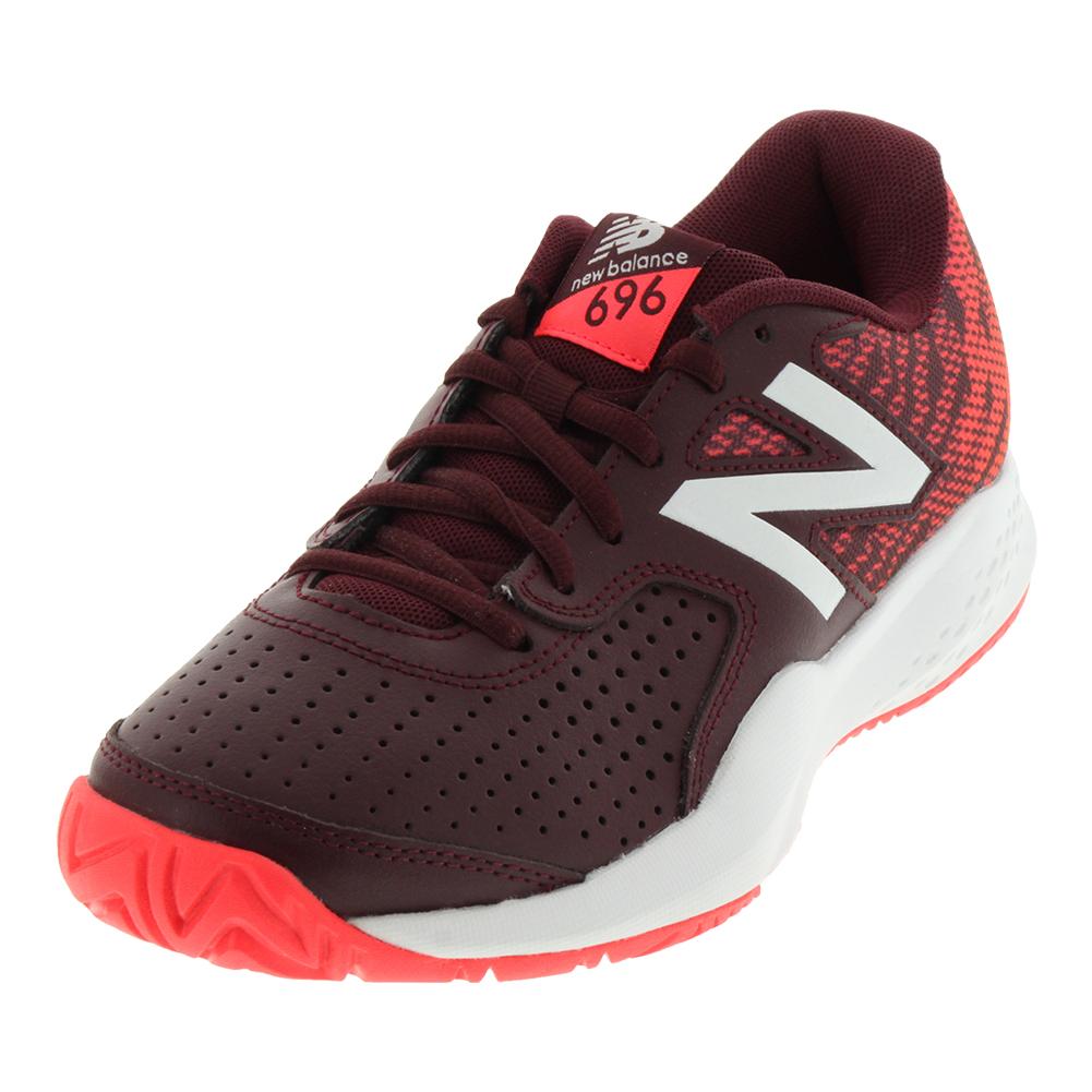 New Balance Women's 696 v3 B Width Tennis Shoe in Oxblood and Vivid Coral