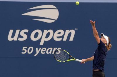 Caroline Wozniacki practicing at the 2018 US Open, held at the USTA Billie Jean King National Tennis Center in the Flushing neighborhood of the Queens borough of New York on Monday, Aug. 20, 2018. Photo: Ashley Marshall/USOpen.org