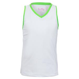 Girls` V-Neck Tennis Tank White and Green Trim