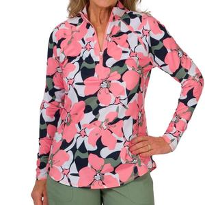 Women`s UV Mock 1/4 Zip Long Sleeve Tennis Top Vibrant Floral Print