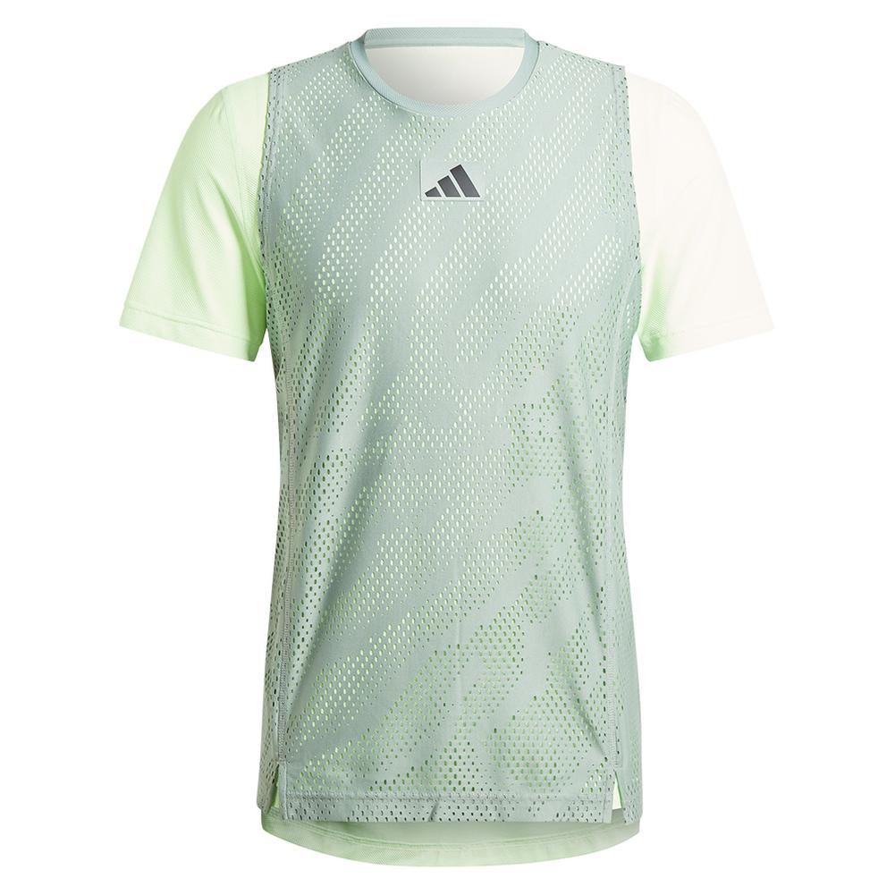 adidas Men`s Mesh Pro Tennis T-Shirt Silver Green and Green Spark