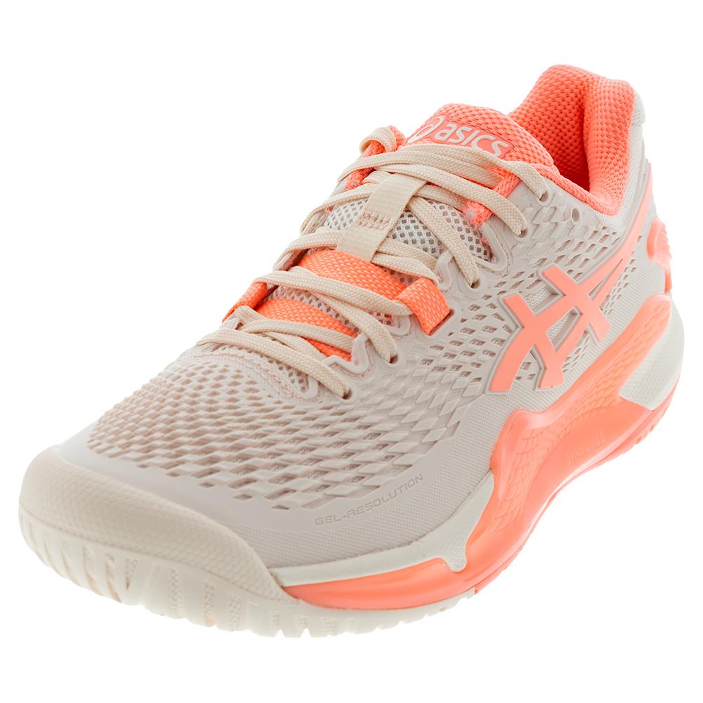 ASICS Women`s Gel-Resolution 9 Tennis Shoes Pearl Pink and Sun Coral