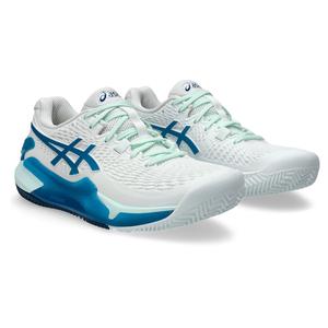Womens Gel-Resolution 9 Clay Tennis Shoes White and Teal Blue