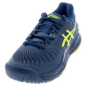 Mens Gel-Resolution 9 Wide Tennis Shoes Mako Blue and Safety Yellow