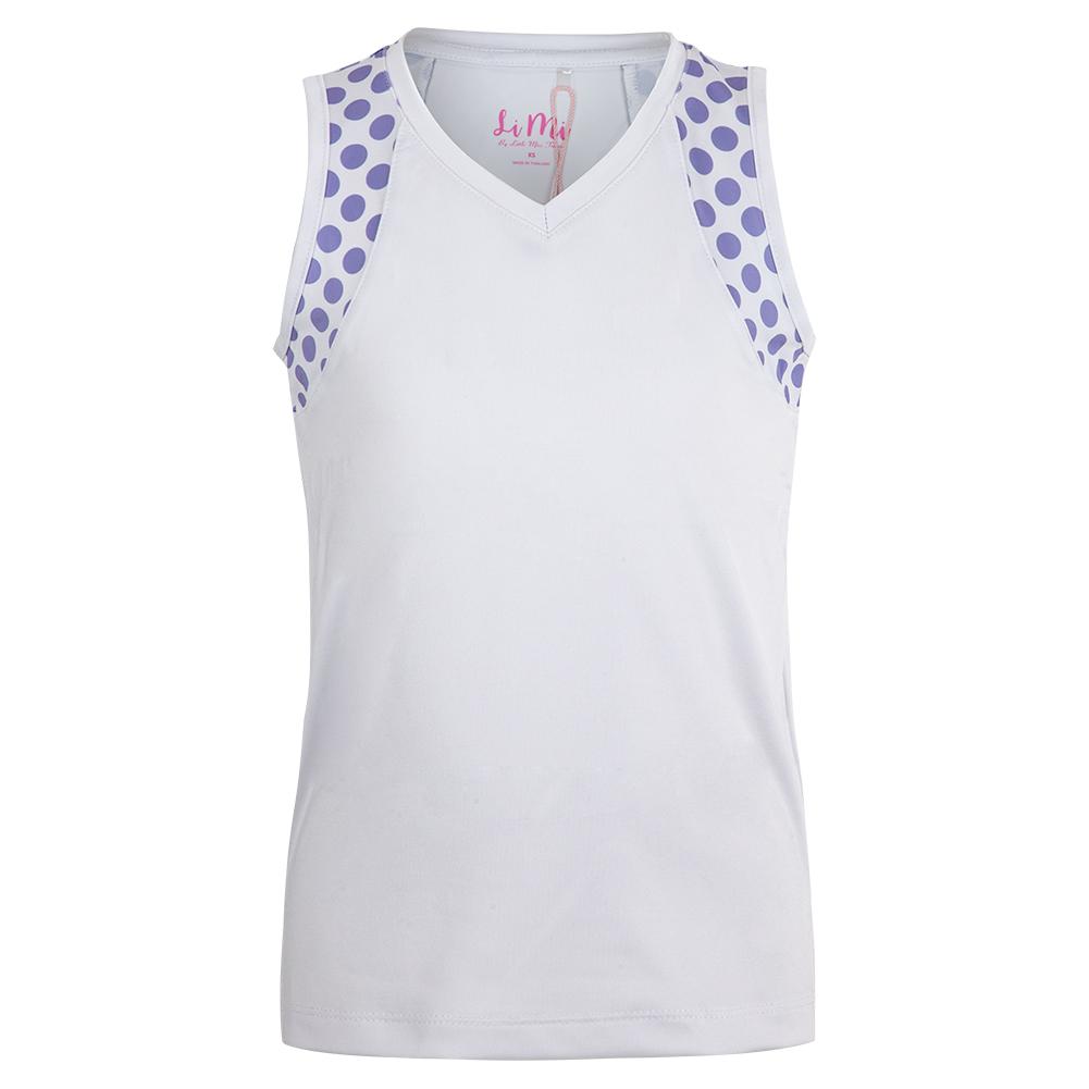 Little Miss Tennis Girls` V-Neck Tennis Tank in White and Lilac Dot Print