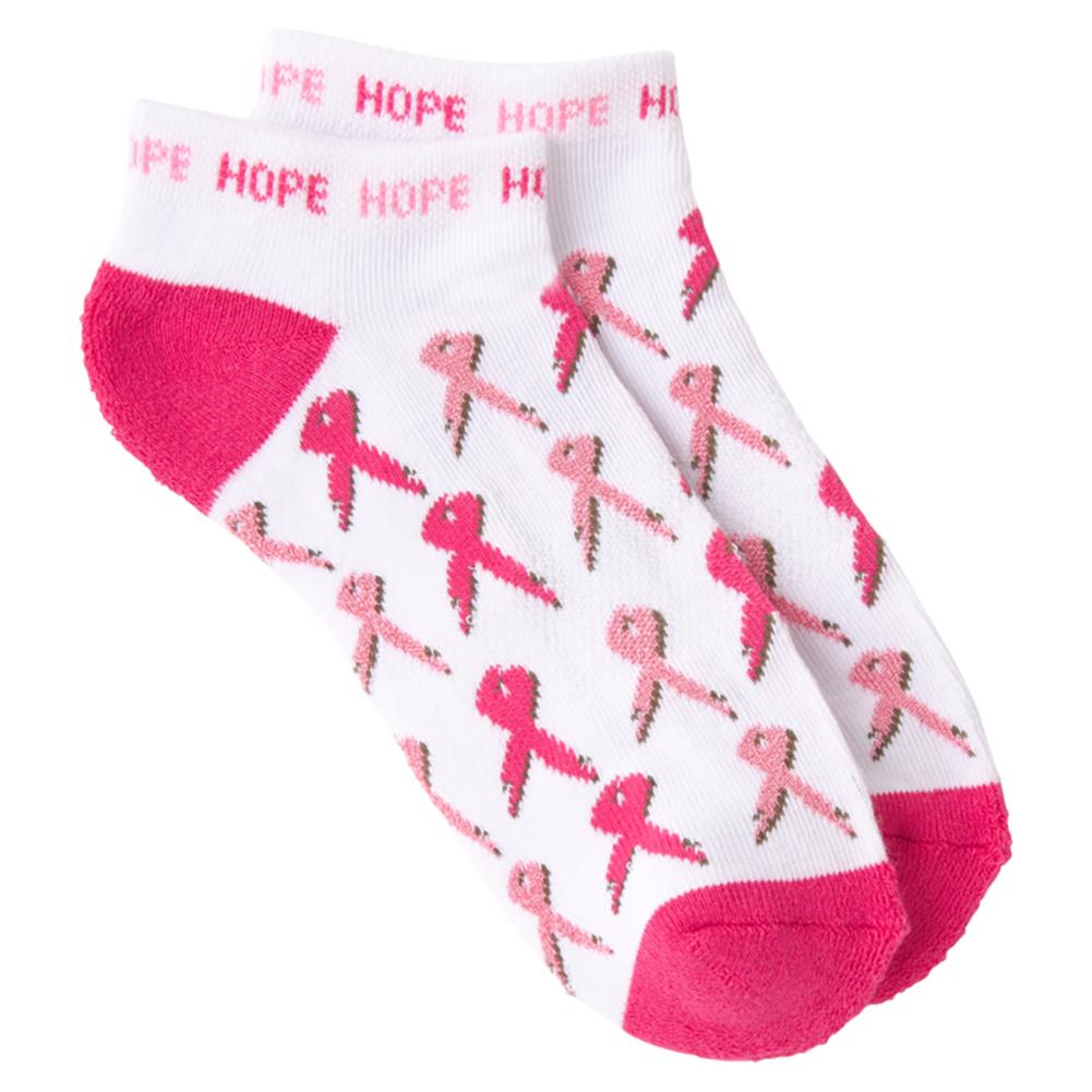  Women's All Over Pink Ribbon Tennis Socks White With Shiny Nylon Accent