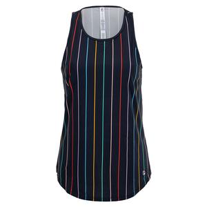 Women`s Cross Court Loose and Long Tennis Tank India Ink and Rainbow Stripe