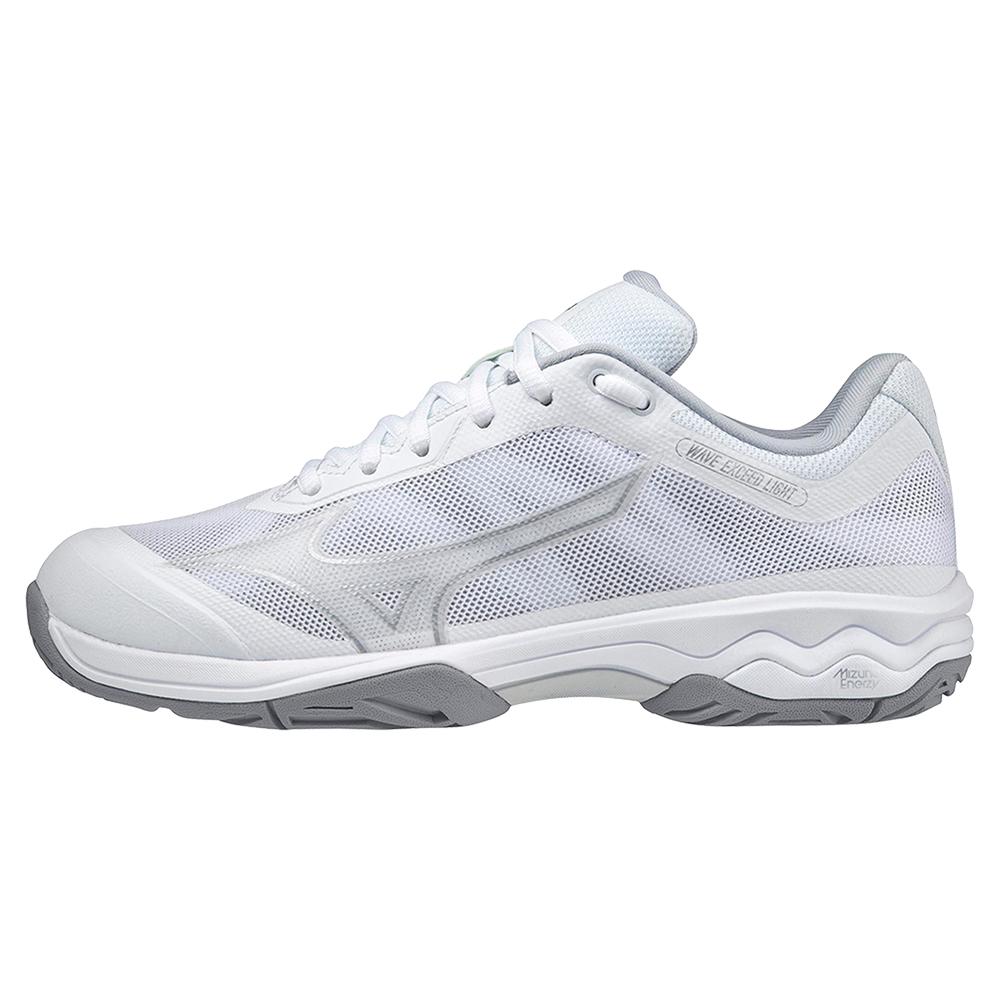 Mizuno Women`s Wave Exceed Light AC Tennis Shoes in White and Silver