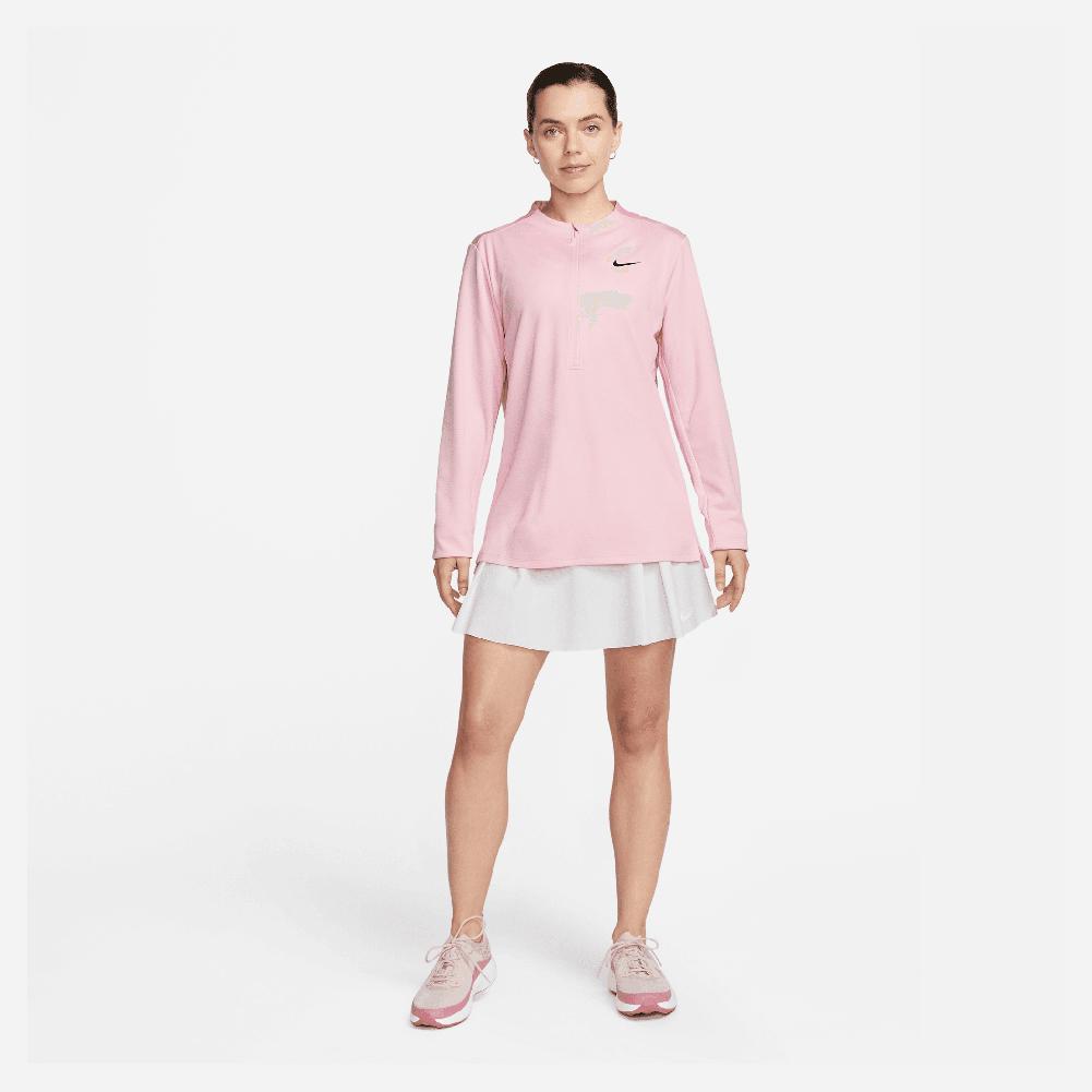 NIKE Women`s Dri-FIT Club Half-Zip UV Tennis Top Med Soft Pink and Black