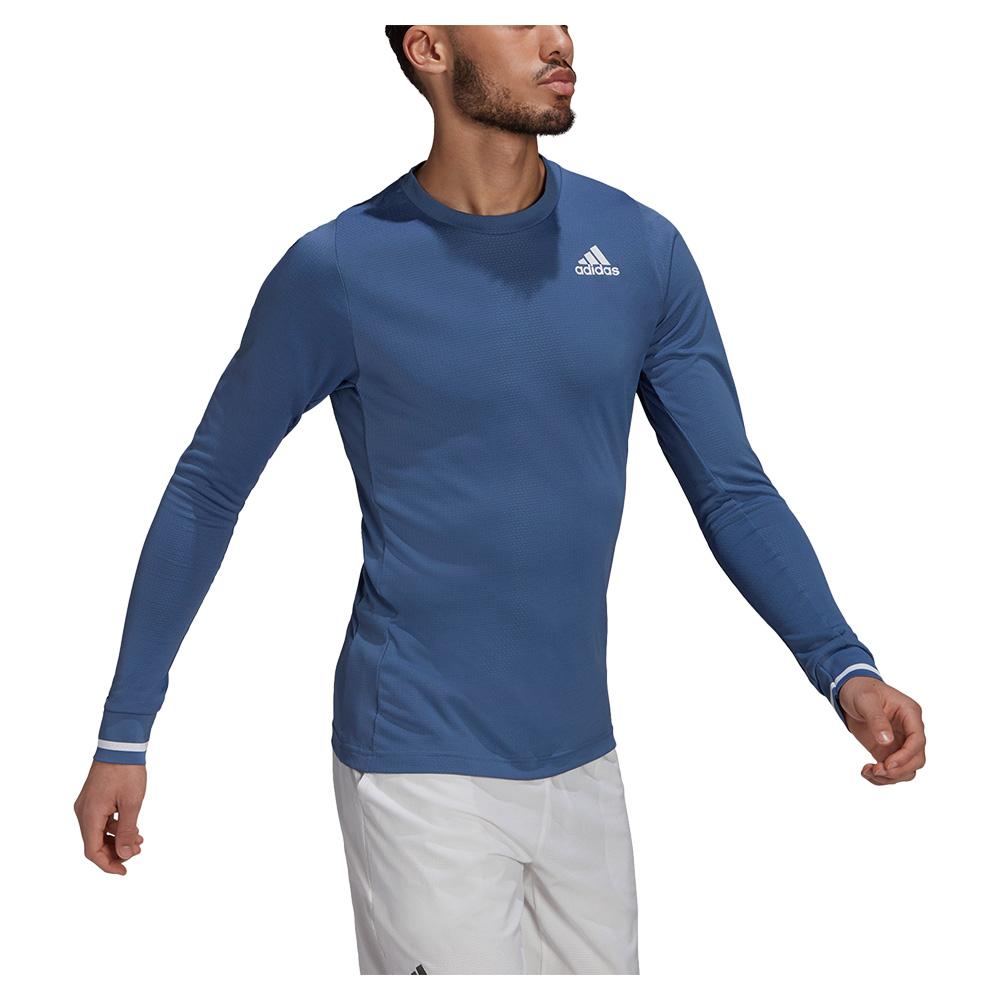 adidas Men's Freelift Long Sleeve Tennis Top in Crew Blue and White