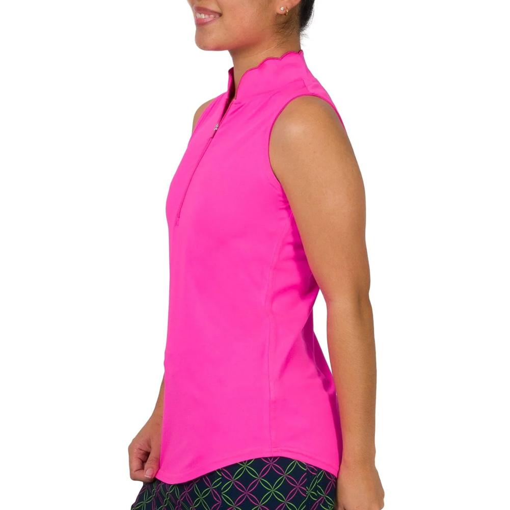 Jofit Women`s Scallop Cutaway Mock Collar Tennis Top Fluorescent Pink