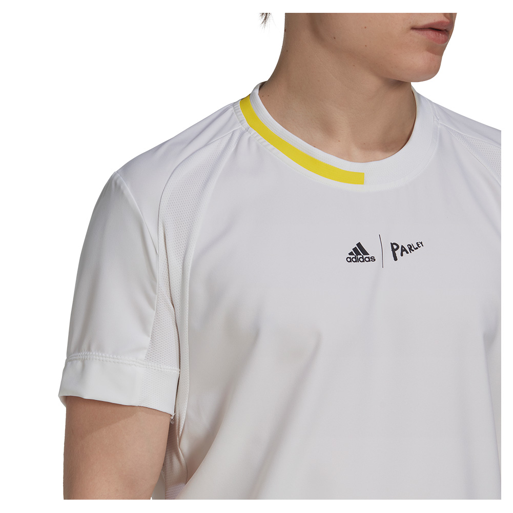 Adidas Men`s London Stretch Woven Tennis Top White and Impact Yellow