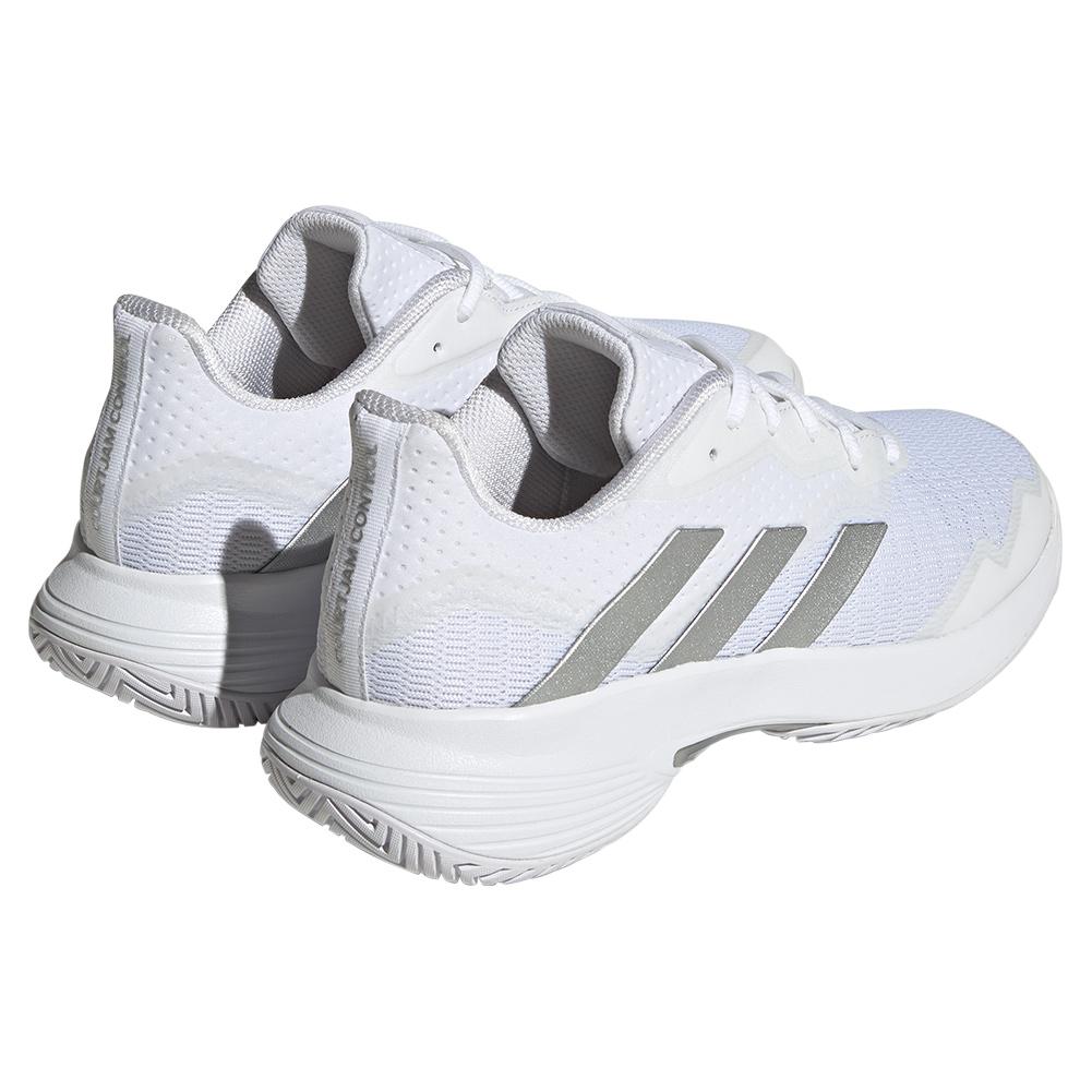 adidas Women`s CourtJam Control Tennis Shoes White and Metallic Silver